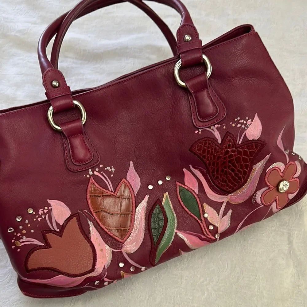 Gianfranco Sisti Floral Embellished Italian Leather Bag Purse Pocketbook